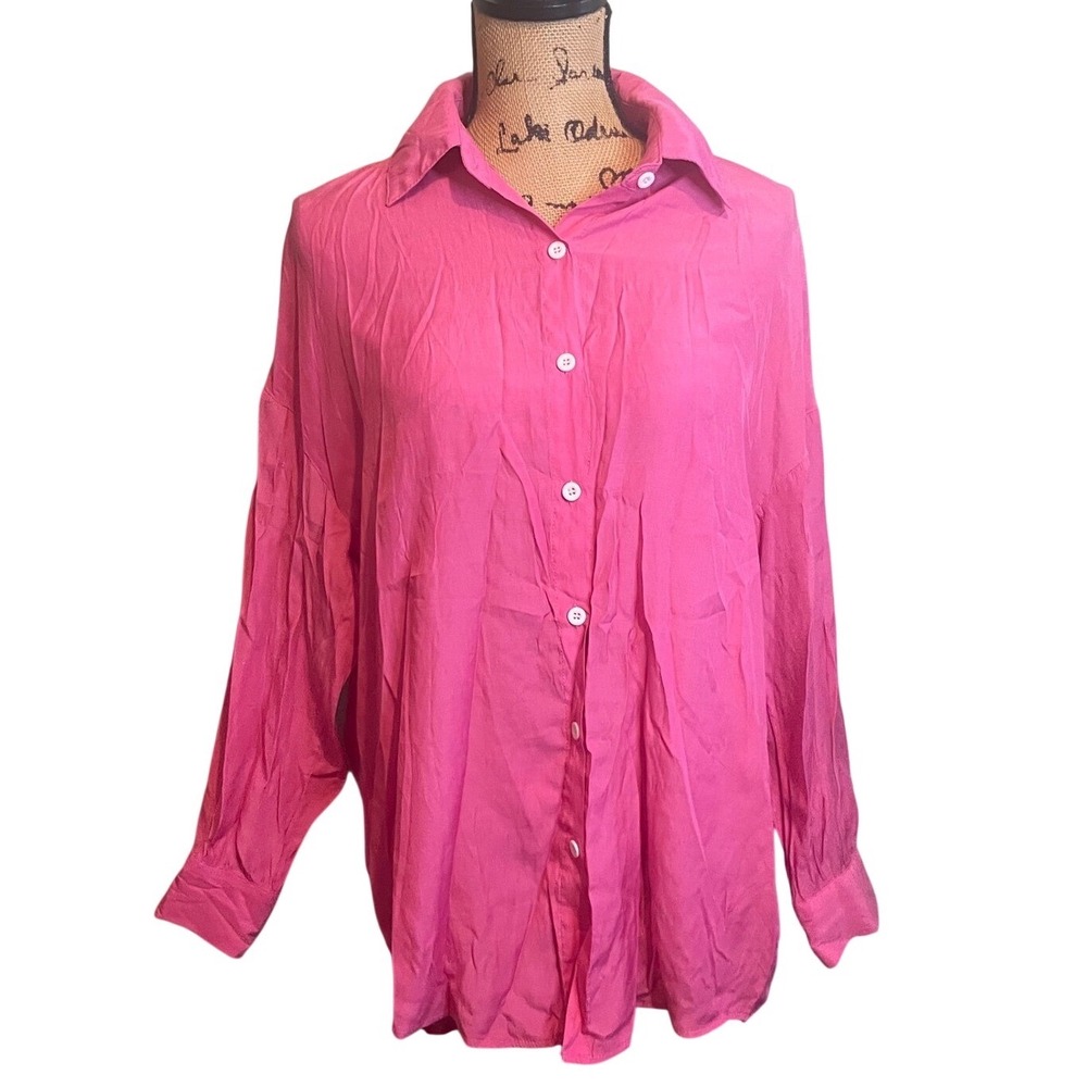 SHEIN‎ Bright Pink Button Down Long Sleeve Shirt Women's Size M Oversized